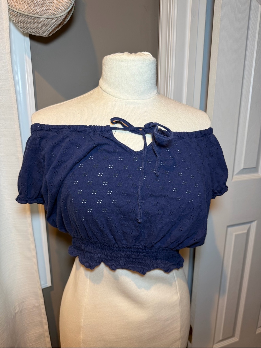 Arizona Jean Company Navy Eyelet Off-Shoulder Crop Top
